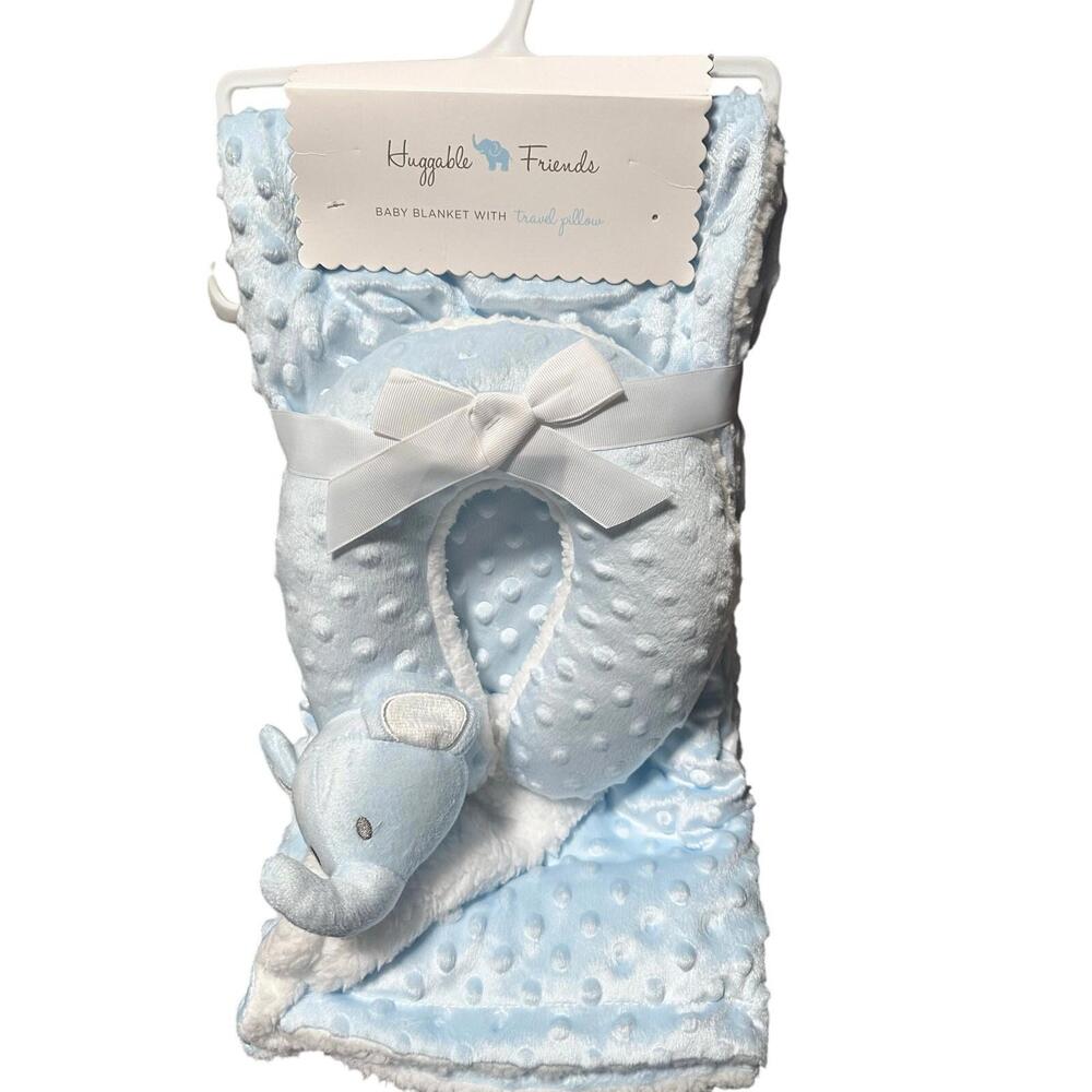 Huggable Friends Baby Boy Blanket & Travel Pillow NWT Elephant Minky Soft Blue